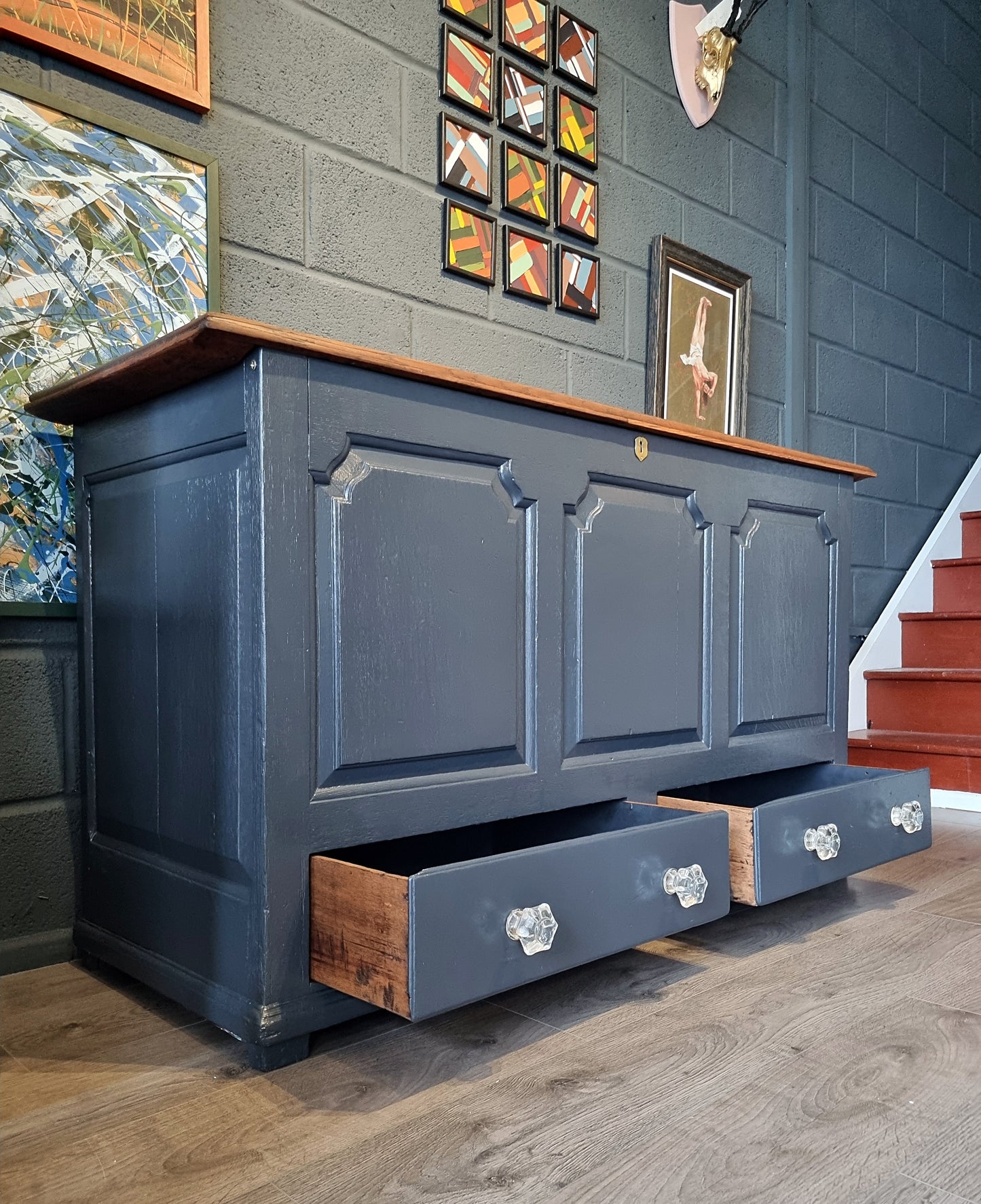 Vintage Panelled Storage Chest with Drawers | Cut Glass Knobs - LRBinteriors