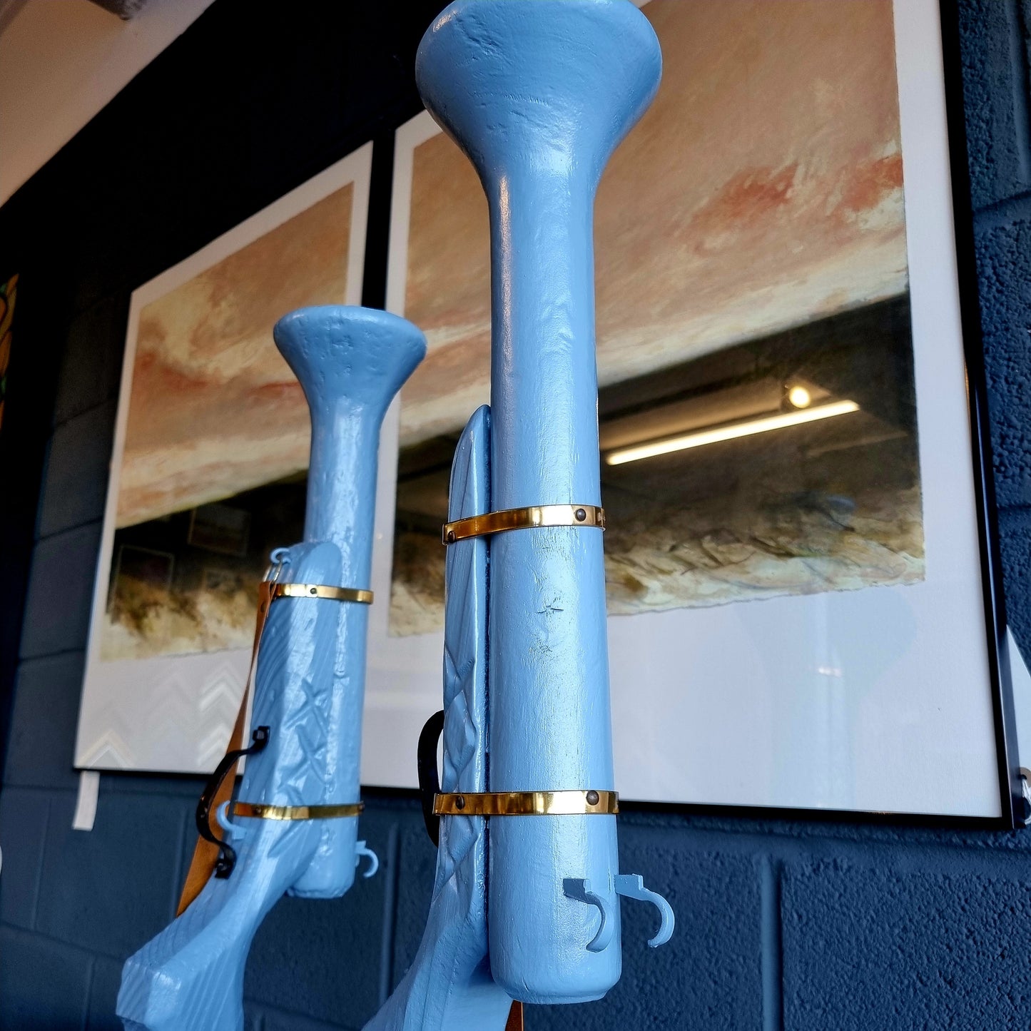 Pair of Hand-Carved Wooden Shotgun Candle Holders | Rustic Rifle Decor with Leather Straps