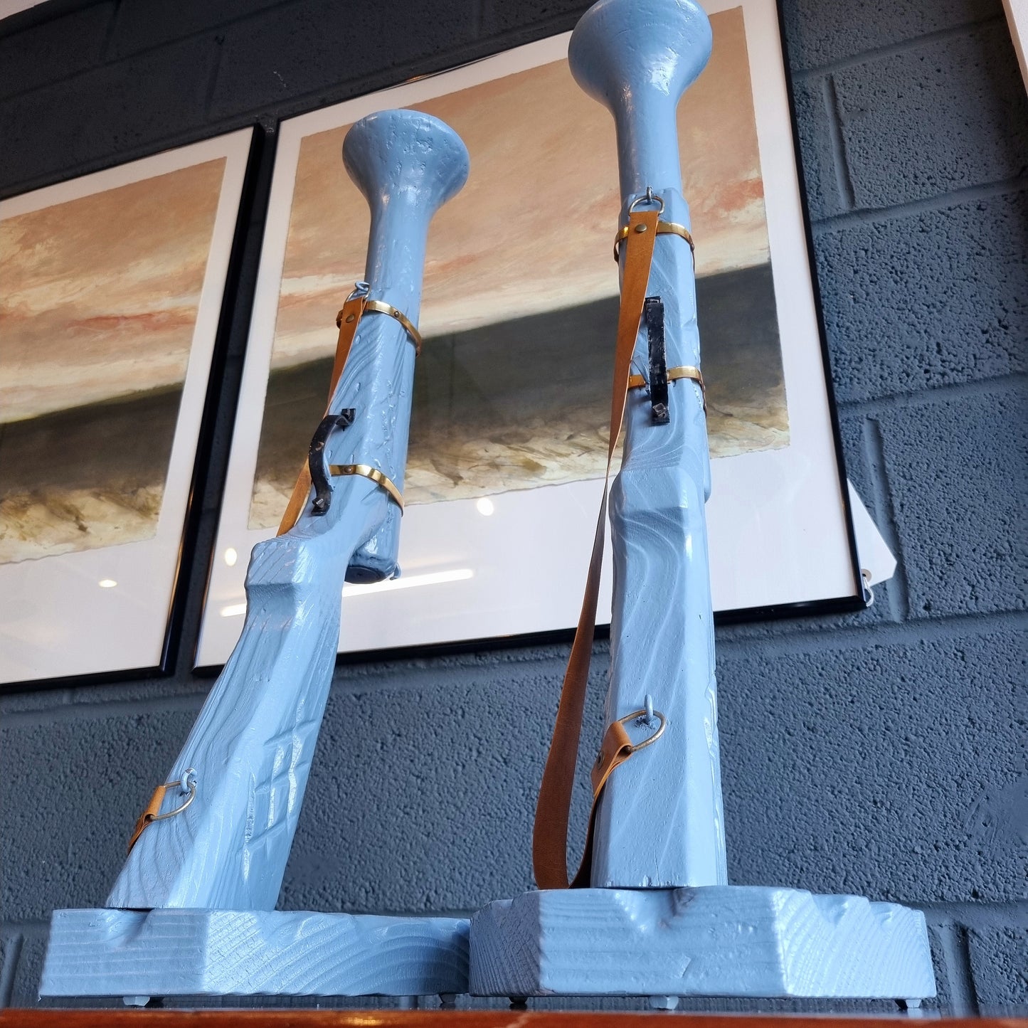 Pair of Hand-Carved Wooden Shotgun Candle Holders | Rustic Rifle Decor with Leather Straps