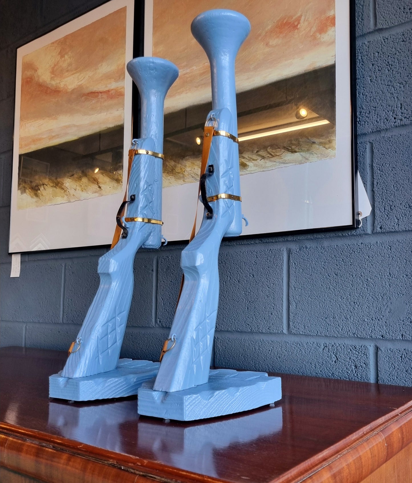 Pair of Hand-Carved Wooden Shotgun Candle Holders | Rustic Rifle Decor with Leather Straps