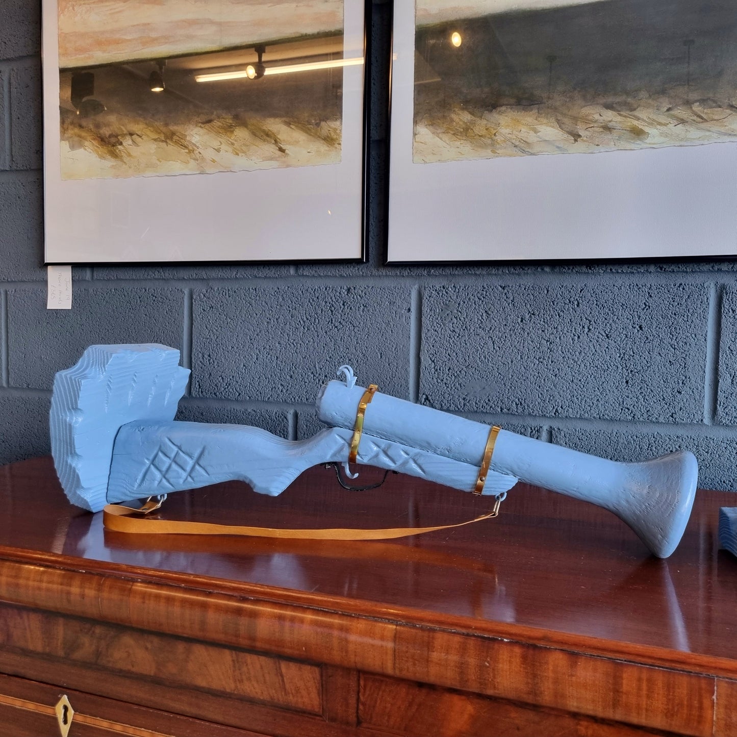 Pair of Hand-Carved Wooden Shotgun Candle Holders | Rustic Rifle Decor with Leather Straps