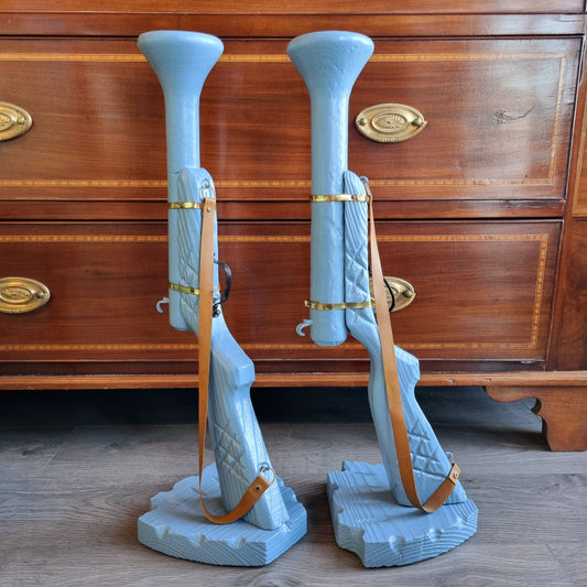 Pair of Hand-Carved Wooden Shotgun Candle Holders | Rustic Rifle Decor with Leather Straps - LRBinteriors