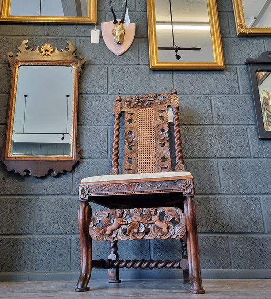 Antique Gothic Revival Oak Chair | Hand-Carved 19th Century Accent Chair with Cane Back - LRBinteriors