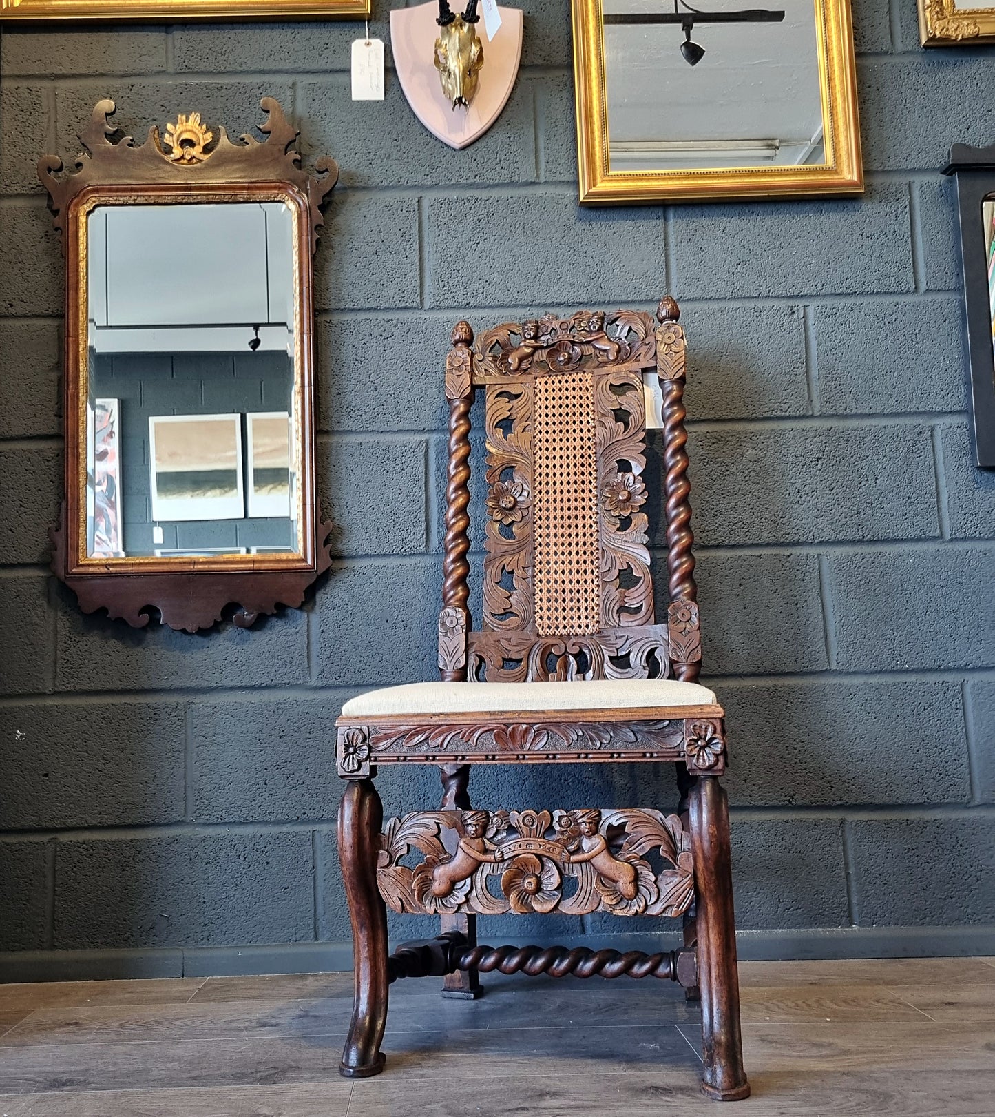 Antique Gothic Revival Oak Chair | Hand-Carved 19th Century Accent Chair with Cane Back - LRBinteriors