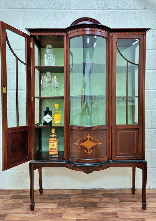 Antique Edwardian Mahogany Inlaid Display Glass Drinks Cabinet - LRBinteriors