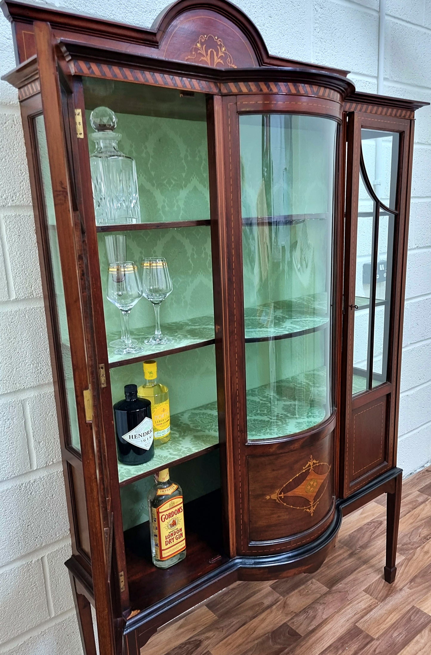 Antique Edwardian Mahogany Inlaid Display Glass Drinks Cabinet - LRBinteriors