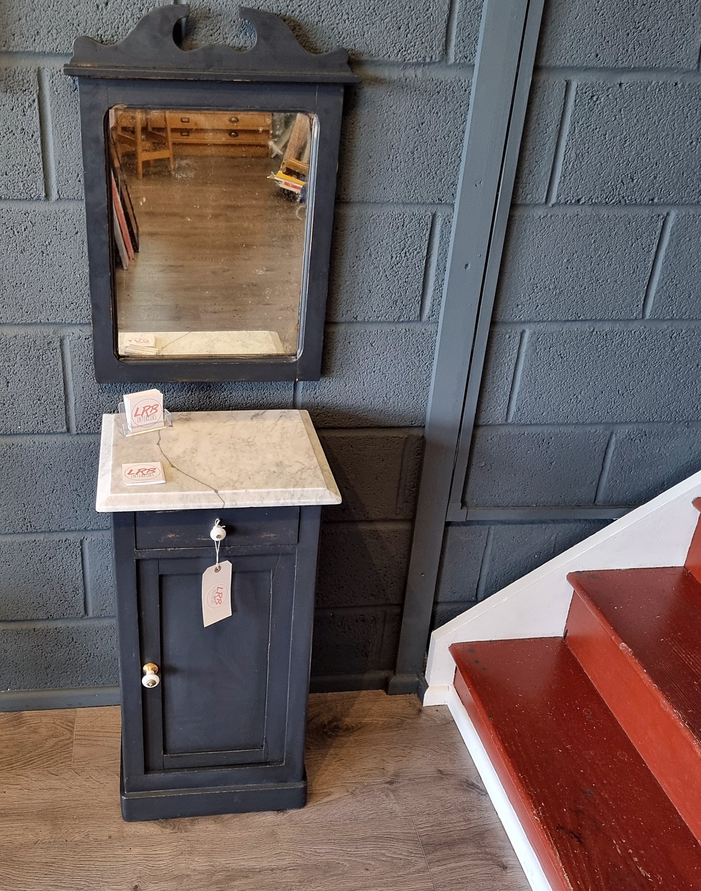 Marble Top Victorian Pine Hall Cabinet with Mirror