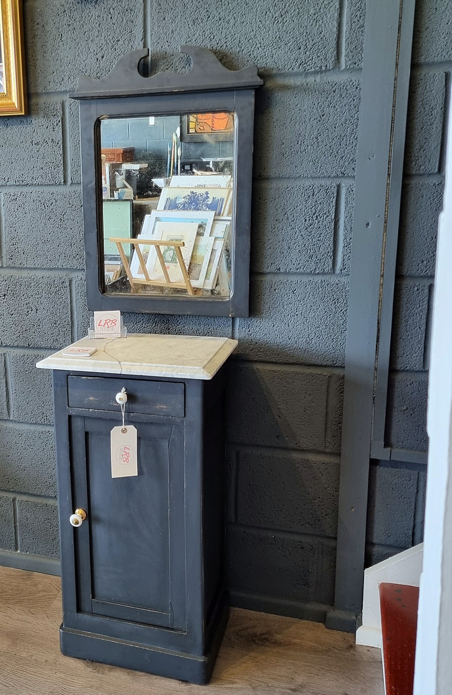 Marble Top Victorian Pine Hall Cabinet with Mirror