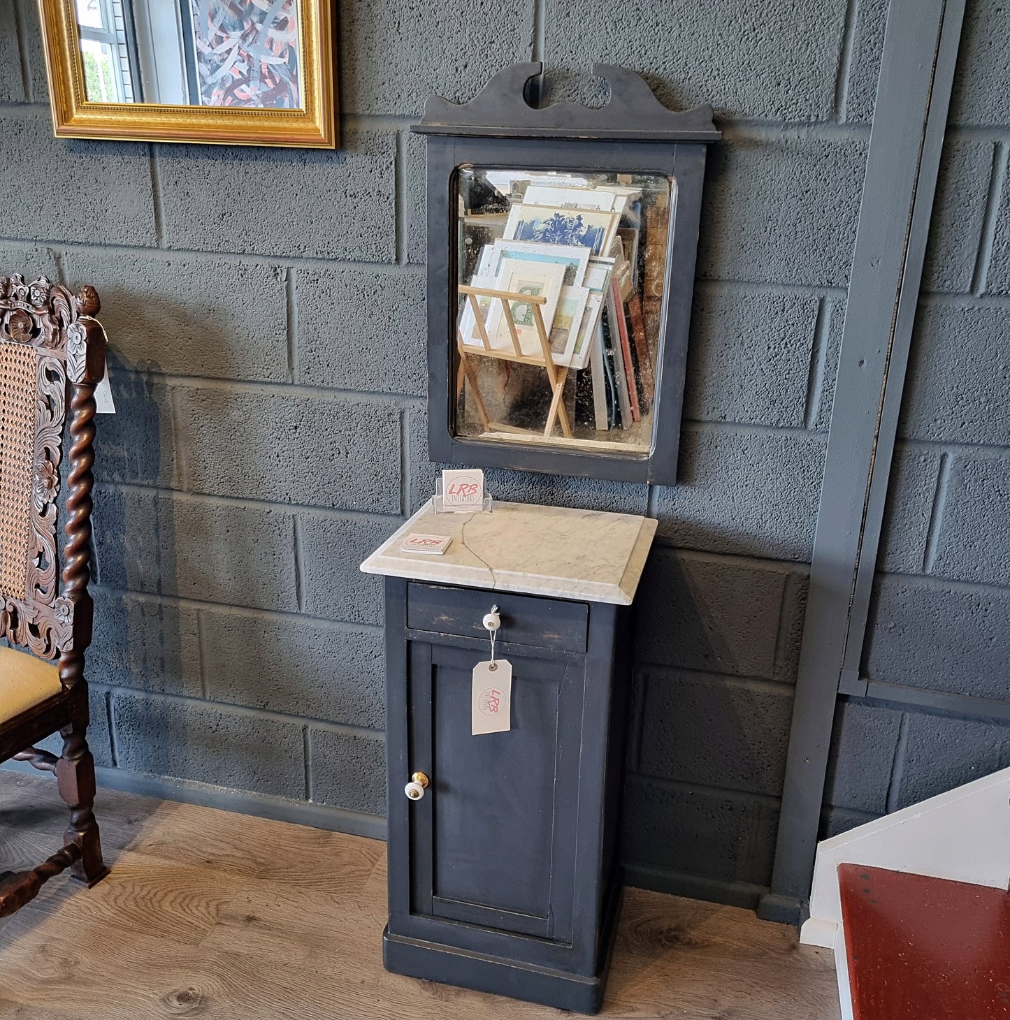 Marble Top Victorian Pine Hall Cabinet with Mirror