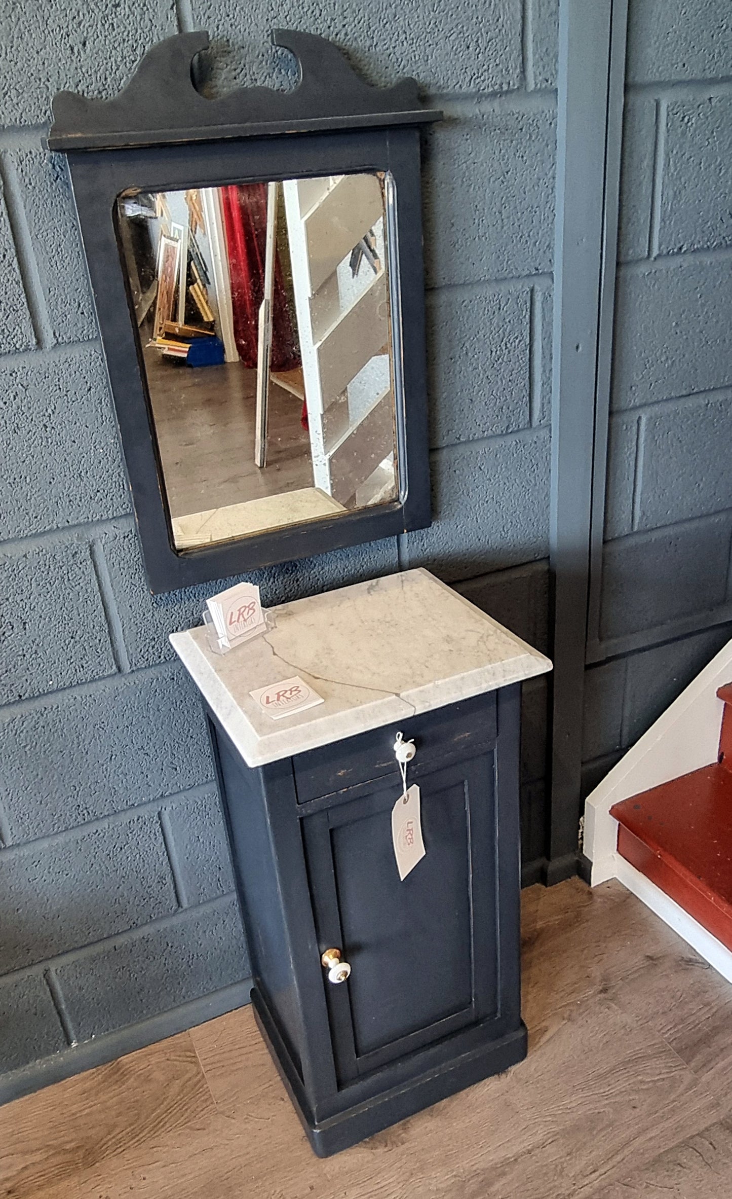 Marble Top Victorian Pine Hall Cabinet with Mirror