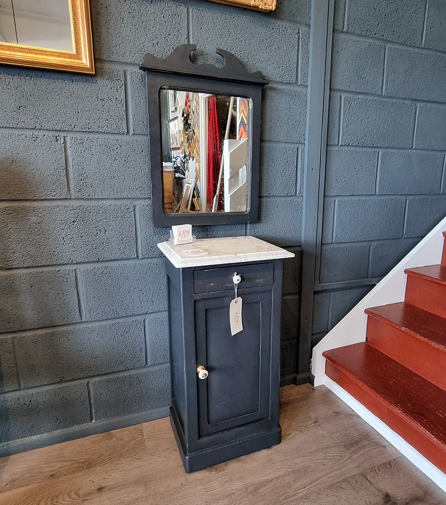 Marble Top Victorian Pine Hall Cabinet with Mirror