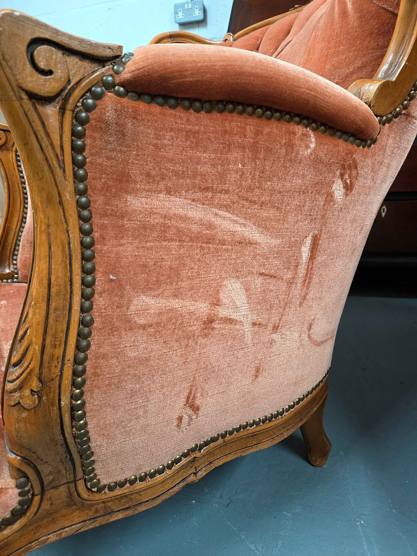 Pair of French Louis XVI Style Vintage Pink Velvet Armchairs