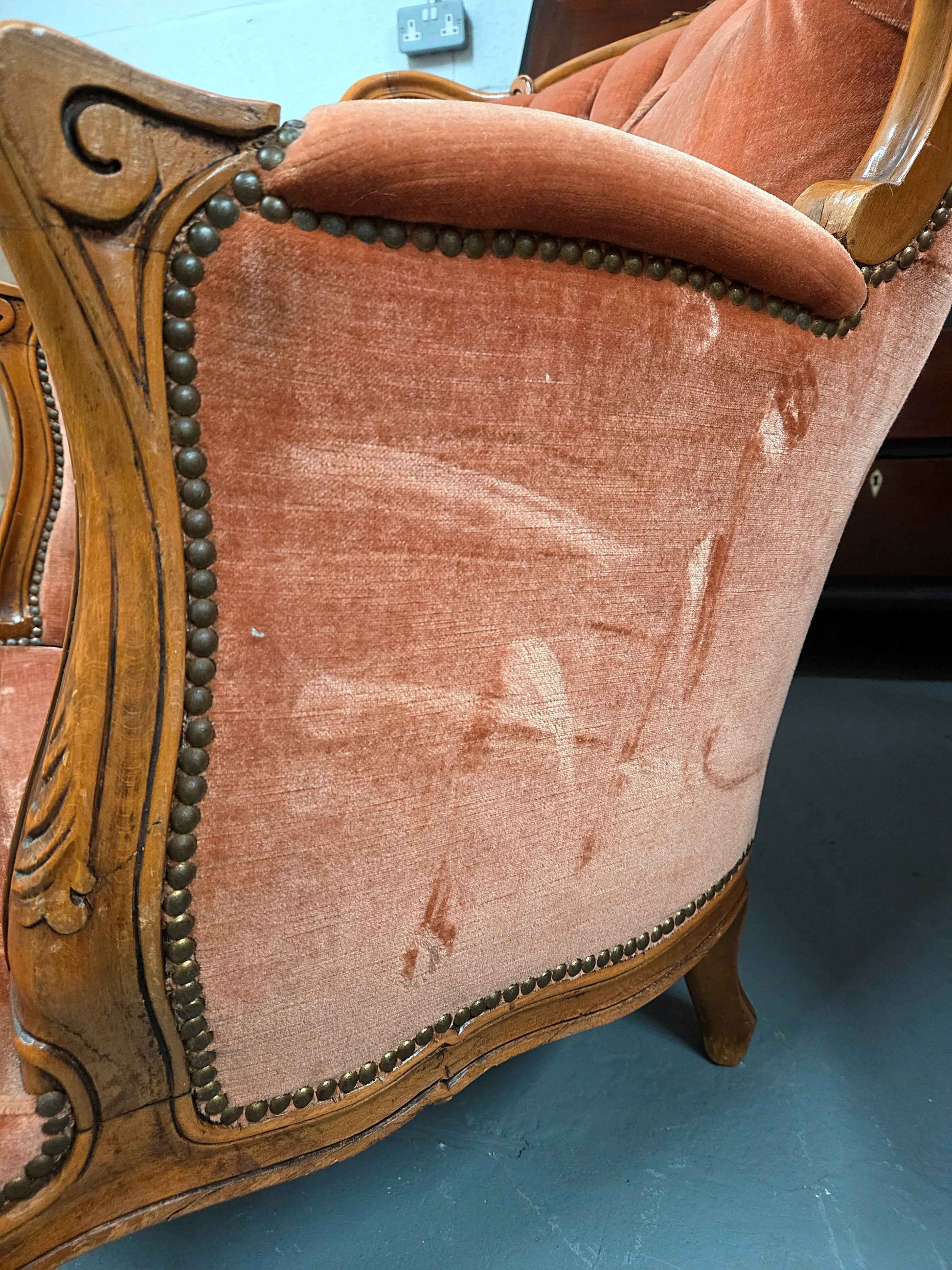 Pair of French Louis XVI Style Vintage Pink Velvet Armchairs
