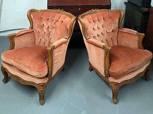 Pair of French Louis XVI Style Vintage Pink Velvet Armchairs