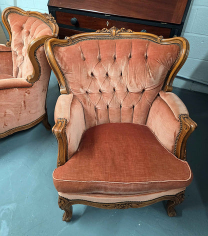 Pair of French Louis XVI Style Vintage Pink Velvet Armchairs