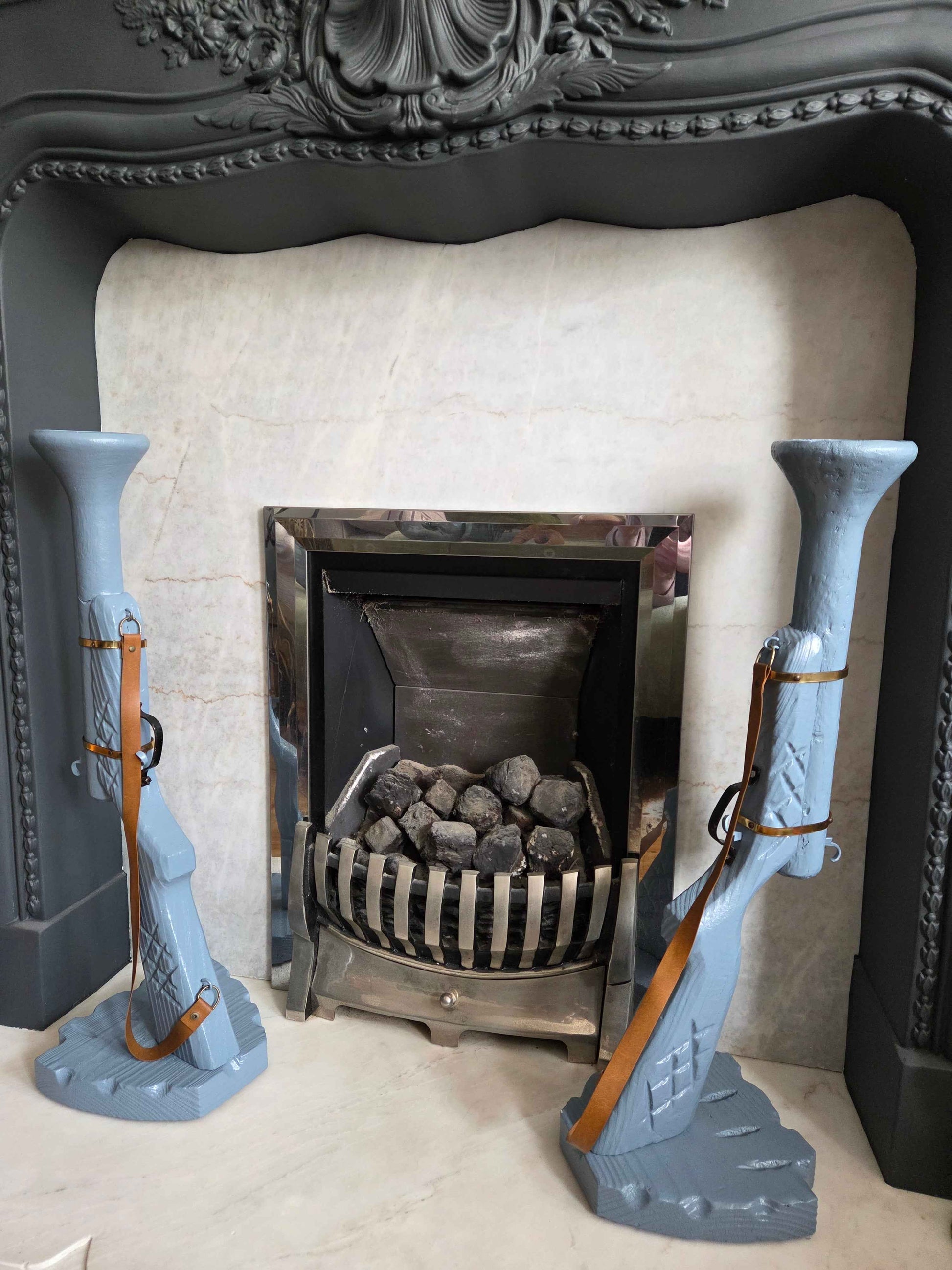 Pair of Hand-Carved Wooden Shotgun Candle Holders | Rustic Rifle Decor with Leather Straps