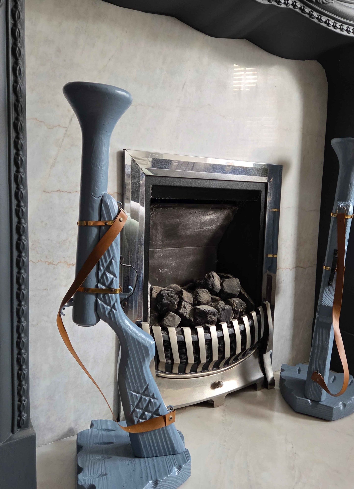 Pair of Hand-Carved Wooden Shotgun Candle Holders | Rustic Rifle Decor with Leather Straps