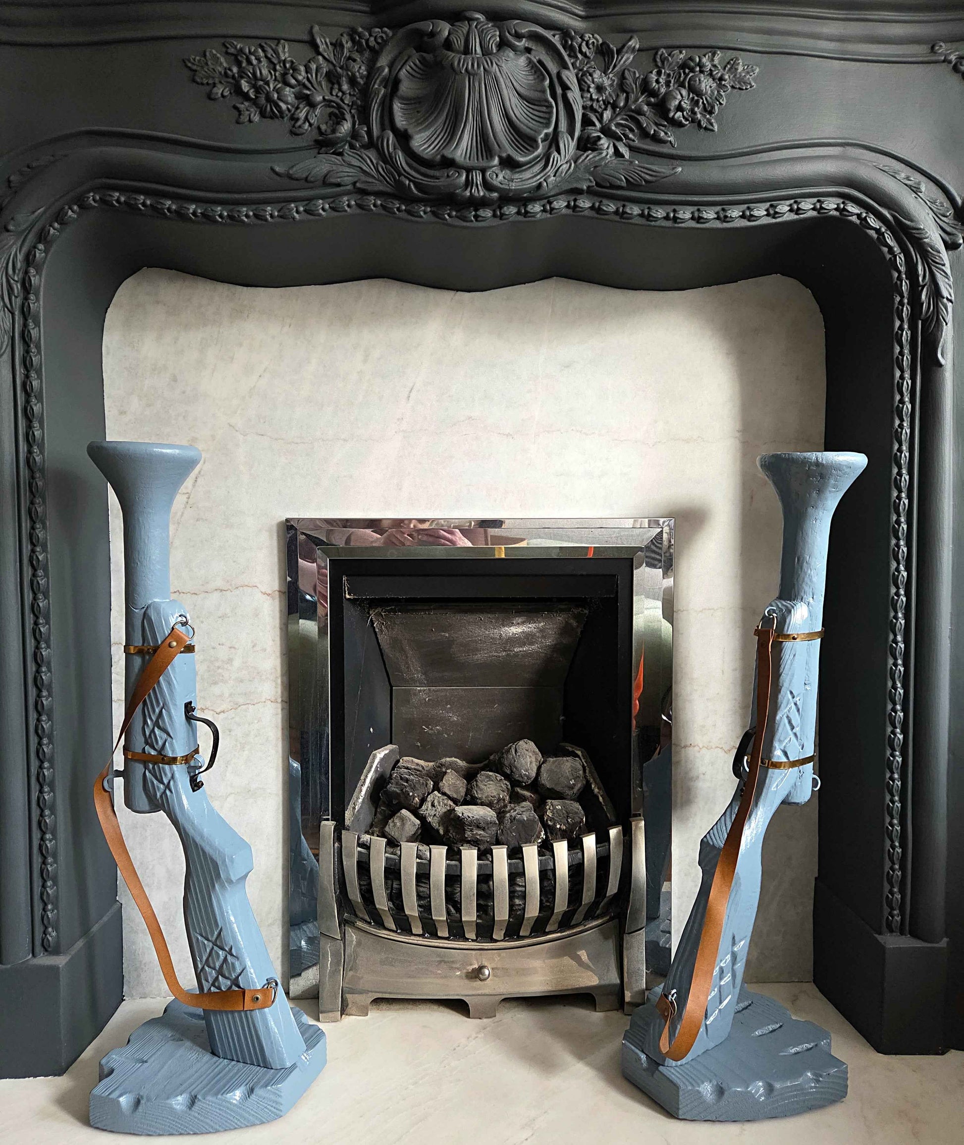 Pair of Hand-Carved Wooden Shotgun Candle Holders | Rustic Rifle Decor with Leather Straps