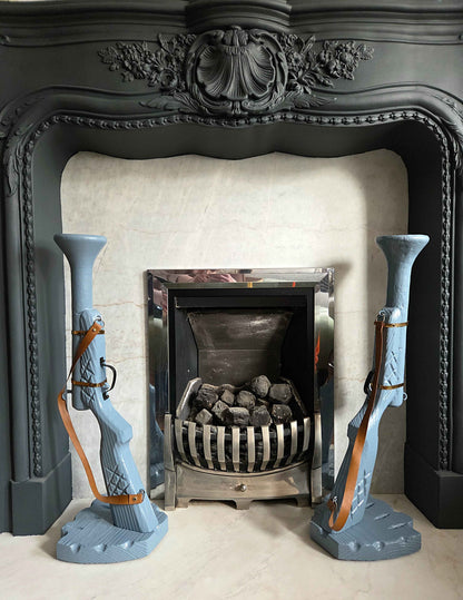 Pair of Hand-Carved Wooden Shotgun Candle Holders | Rustic Rifle Decor with Leather Straps