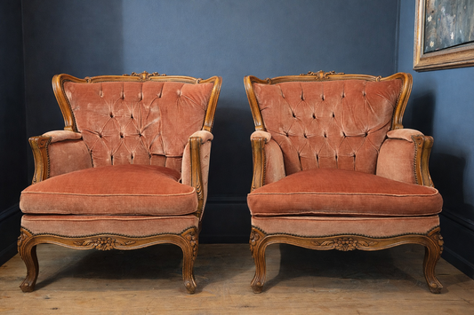 Pair of French Louis XVI Style Vintage Pink Velvet Armchairs - LRBinteriors