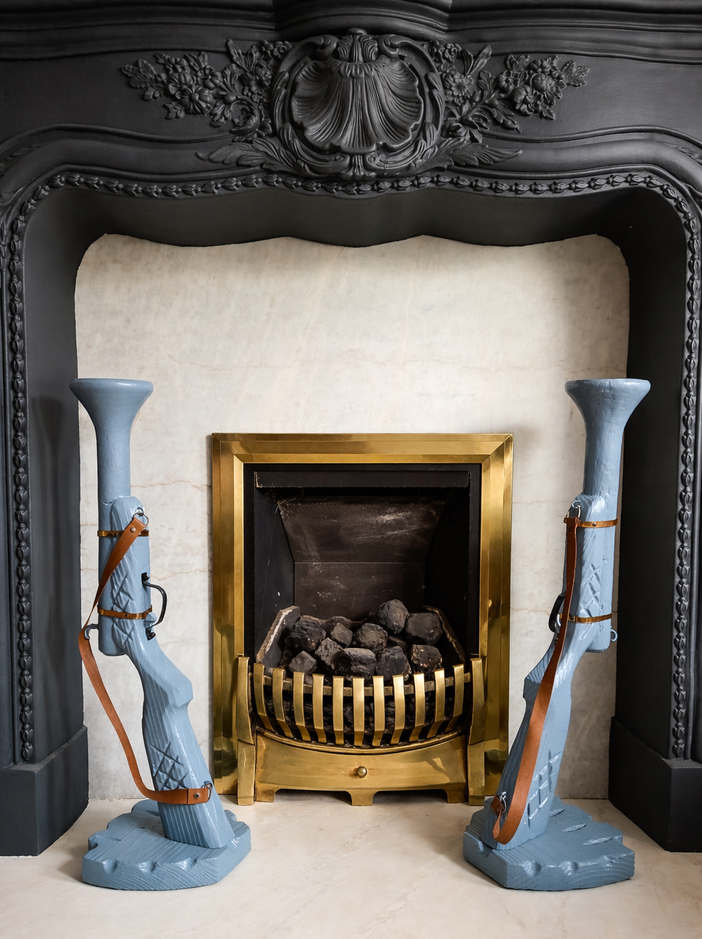 Pair of Hand-Carved Wooden Shotgun Candle Holders | Rustic Rifle Decor with Leather Straps - LRBinteriors