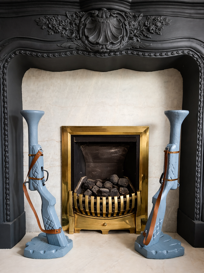 Pair of Hand-Carved Wooden Shotgun Candle Holders | Rustic Rifle Decor with Leather Straps