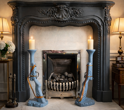 Pair of Hand-Carved Wooden Shotgun Candle Holders | Rustic Rifle Decor with Leather Straps