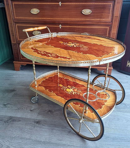 Mid Century Italian Sorrento Marquetry Drinks Trolley Tea CartOrnate Brass - LRBinteriors