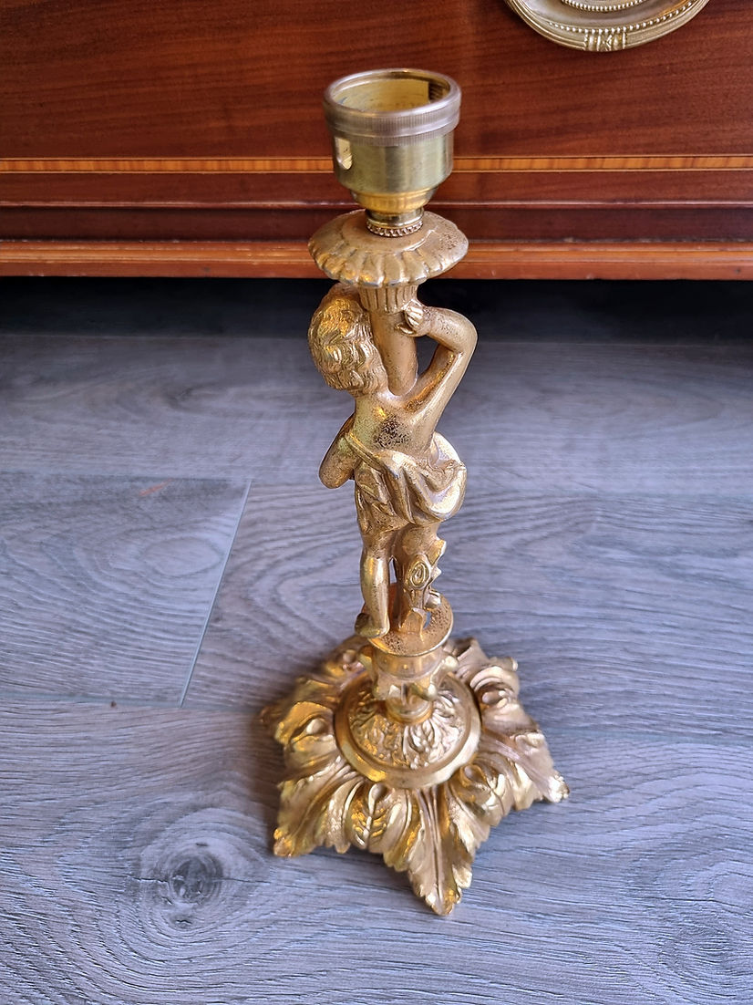 Neoclassical Style Large Ornate Alabaster Brass Table Lamp Cherub CandleStick - LRBinteriors