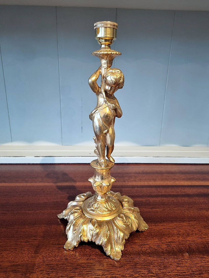 Neoclassical Style Large Ornate Alabaster Brass Table Lamp Cherub CandleStick - LRBinteriors