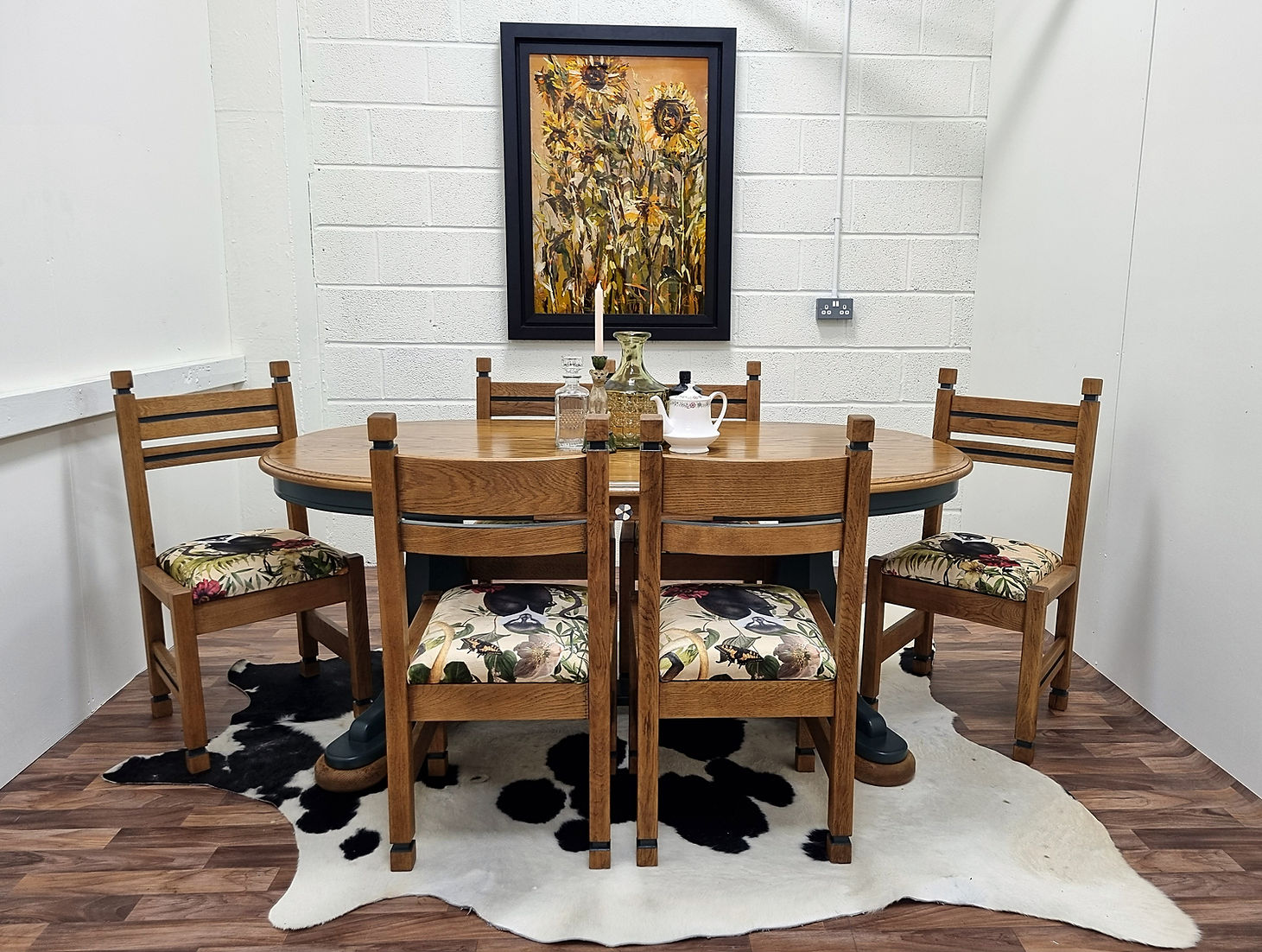 Oak Oval Green Dining Table & Six Chairs Set - LRBinteriors