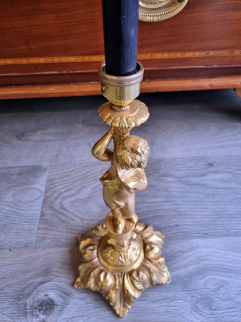 Neoclassical Style Large Ornate Alabaster Brass Table Lamp Cherub CandleStick - LRBinteriors