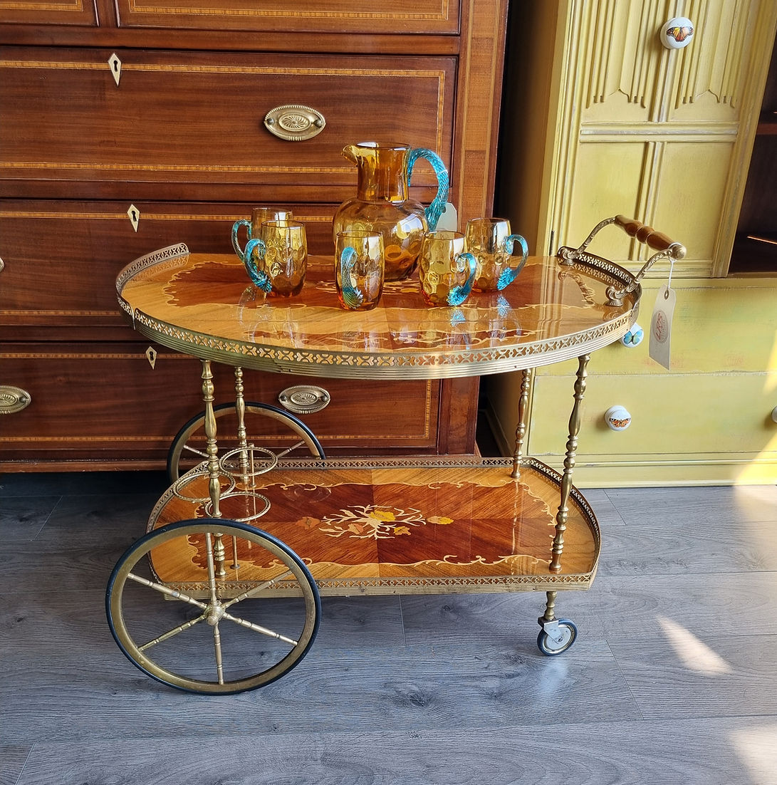 Mid Century Italian Sorrento Marquetry Drinks Trolley Tea CartOrnate Brass - LRBinteriors