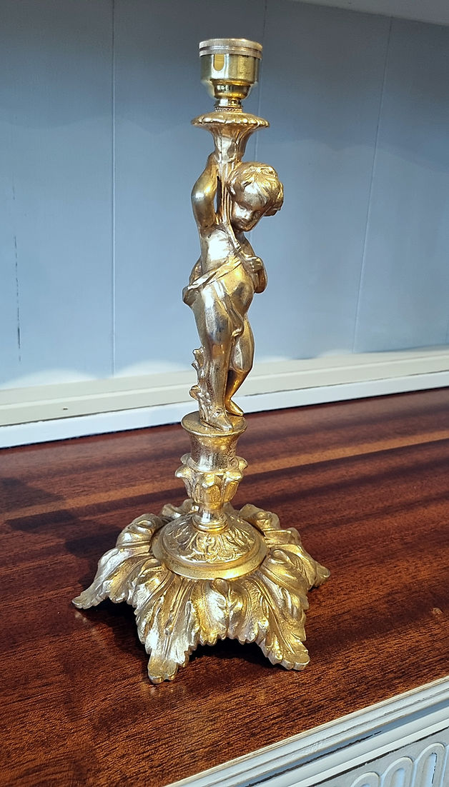 Neoclassical Style Large Ornate Alabaster Brass Table Lamp Cherub CandleStick - LRBinteriors