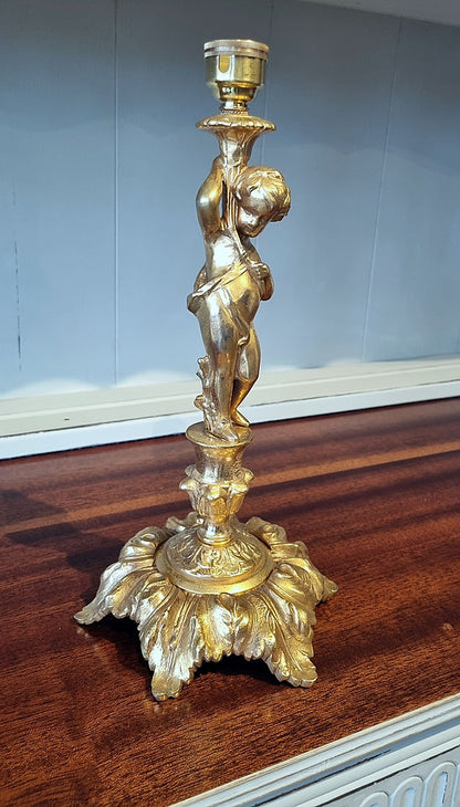 Neoclassical Style Large Ornate Alabaster Brass Table Lamp Cherub CandleStick - LRBinteriors