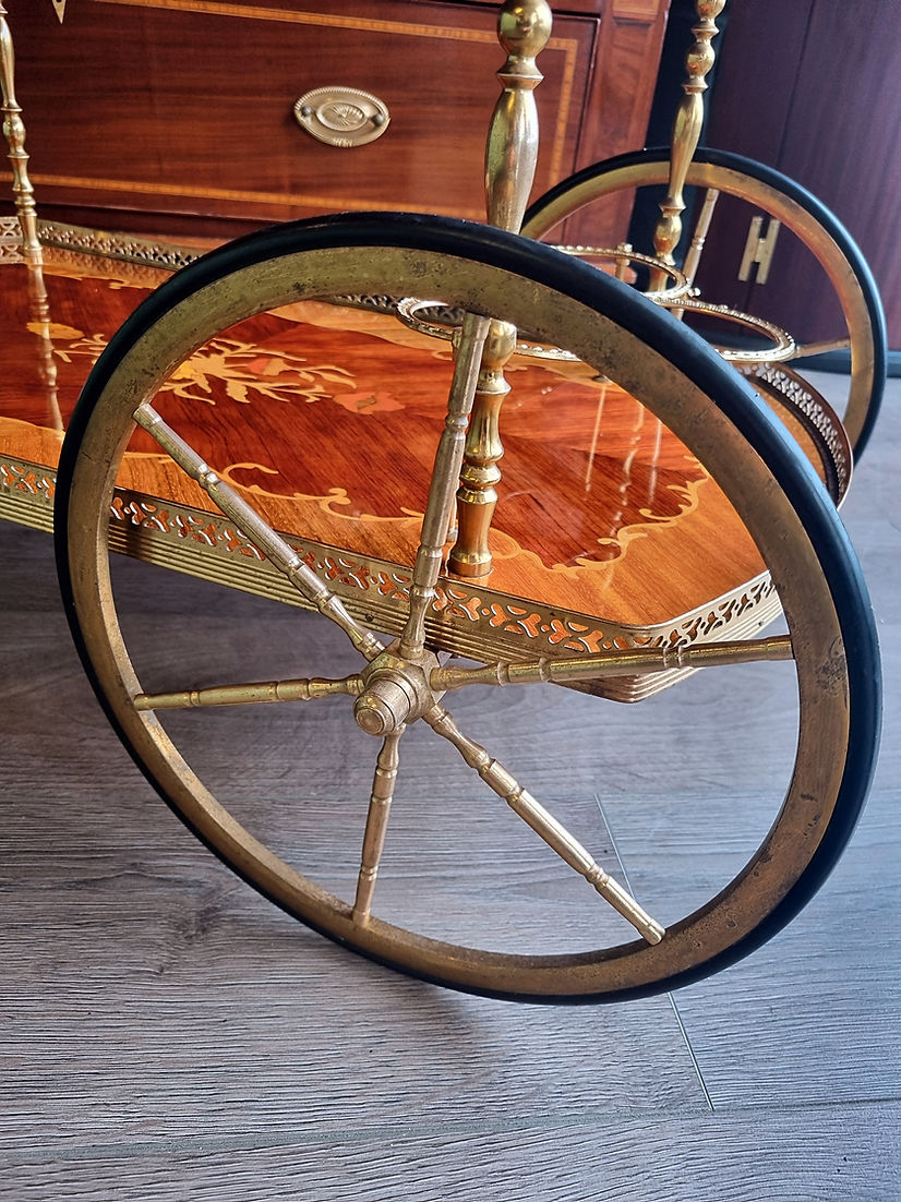 Mid Century Italian Sorrento Marquetry Drinks Trolley Tea CartOrnate Brass - LRBinteriors