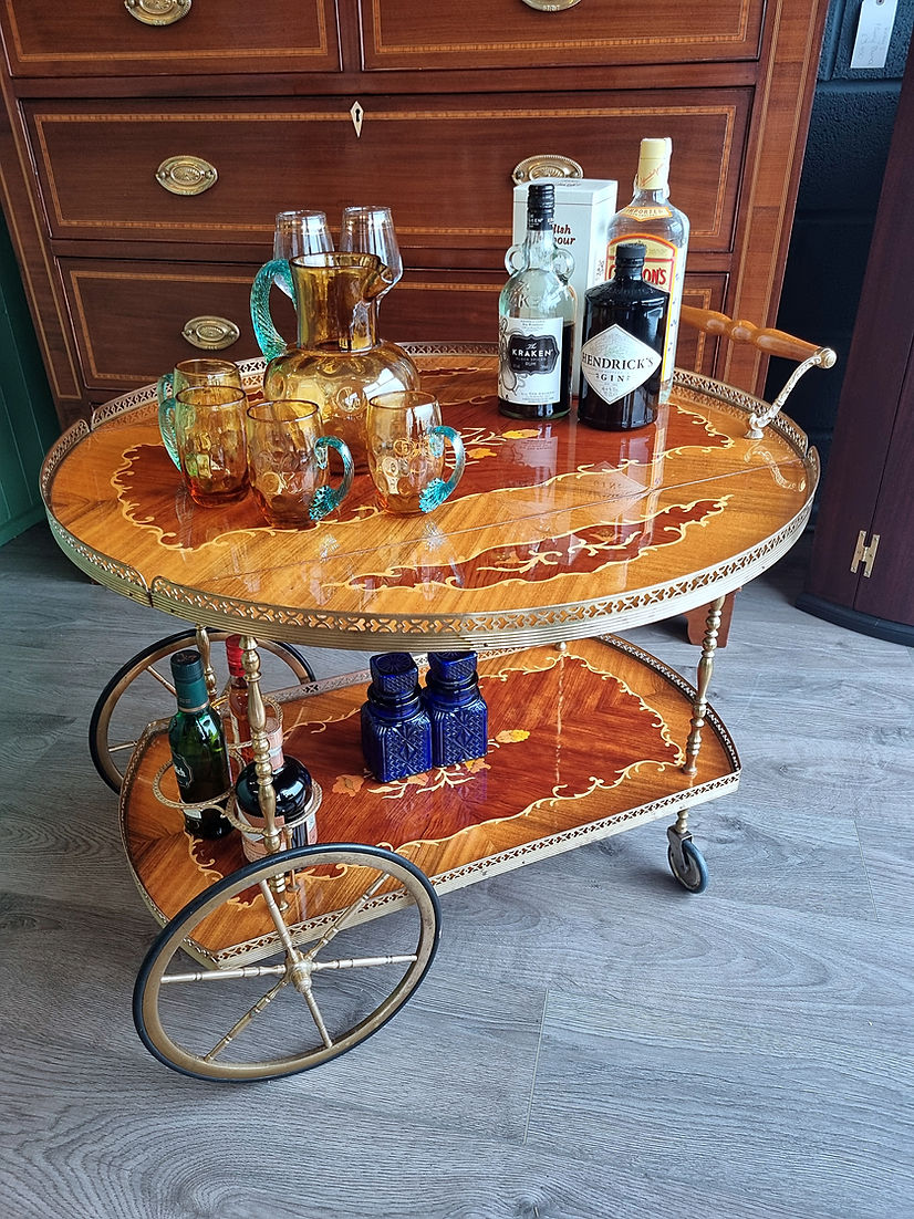 Mid Century Italian Sorrento Marquetry Drinks Trolley Tea CartOrnate Brass - LRBinteriors