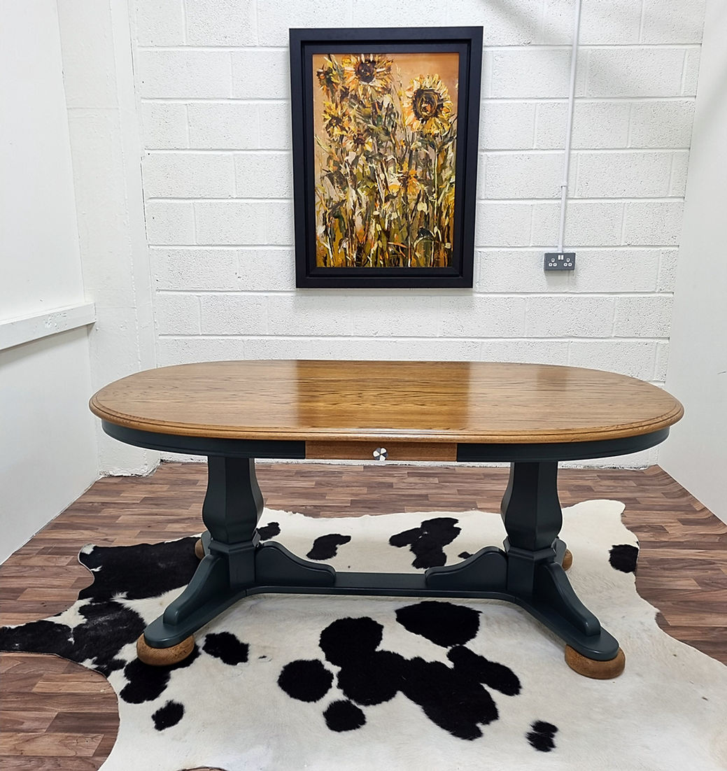 Oak Oval Green Dining Table & Six Chairs Set - LRBinteriors