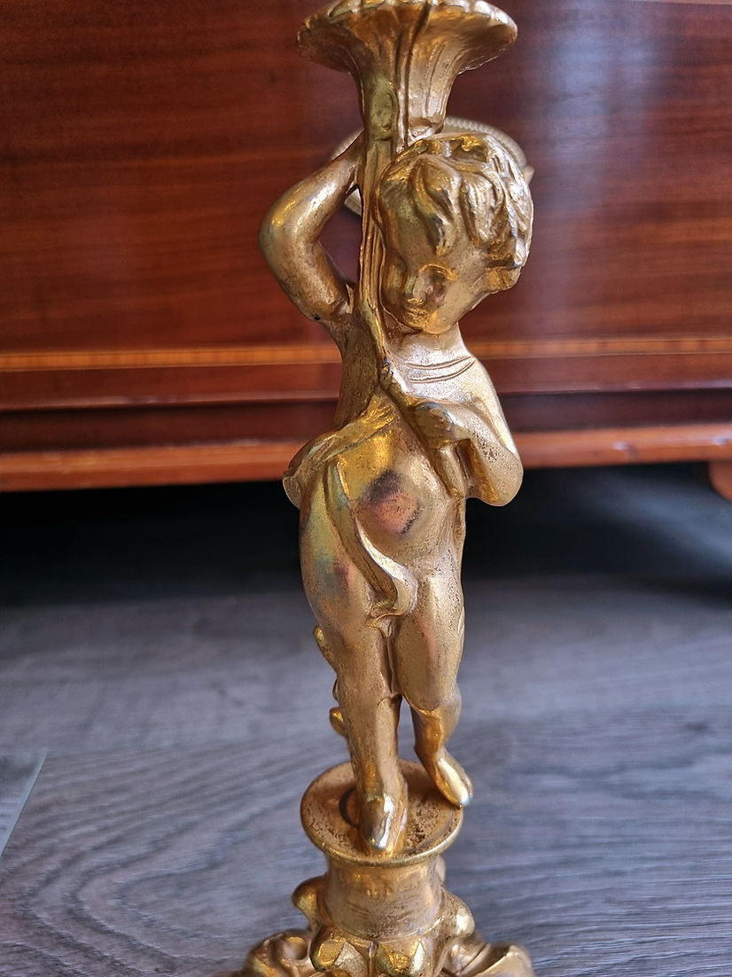 Neoclassical Style Large Ornate Alabaster Brass Table Lamp Cherub CandleStick - LRBinteriors