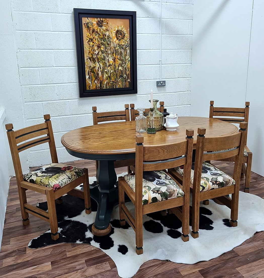 Oak Oval Green Dining Table & Six Chairs Set - LRBinteriors