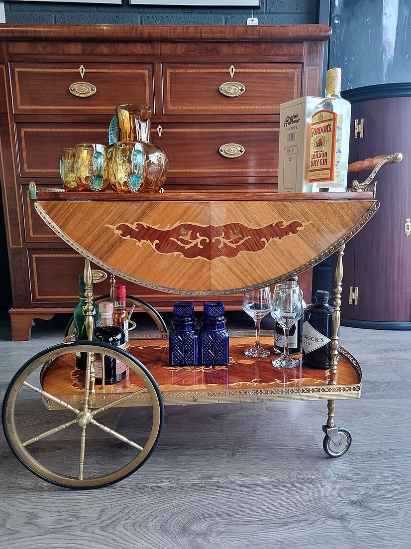 Mid Century Italian Sorrento Marquetry Drinks Trolley Tea CartOrnate Brass - LRBinteriors