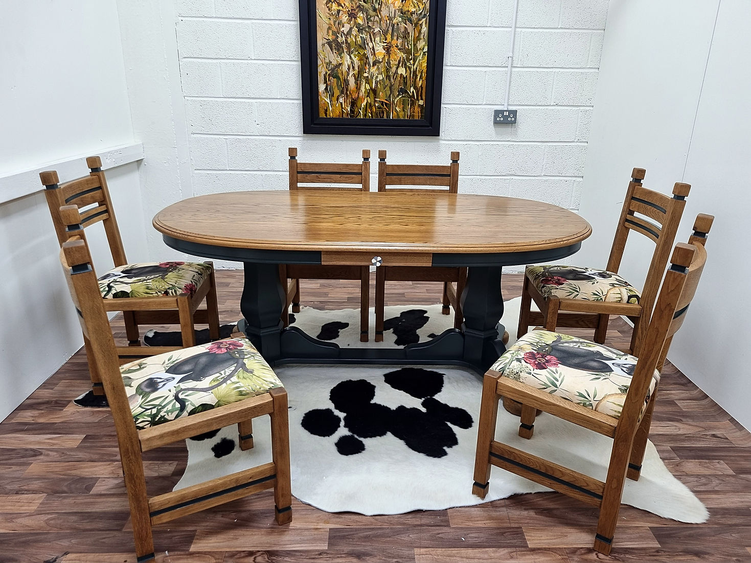 Oak Oval Green Dining Table & Six Chairs Set - LRBinteriors