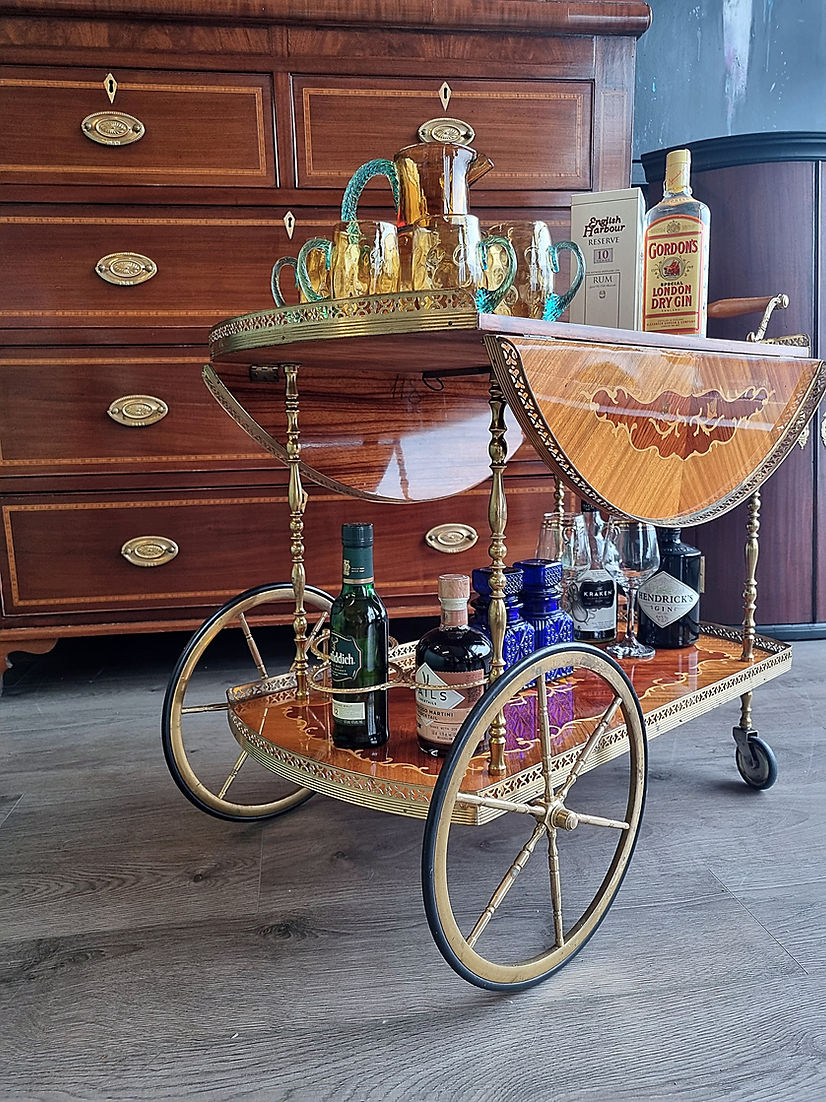 Mid Century Italian Sorrento Marquetry Drinks Trolley Tea CartOrnate Brass - LRBinteriors